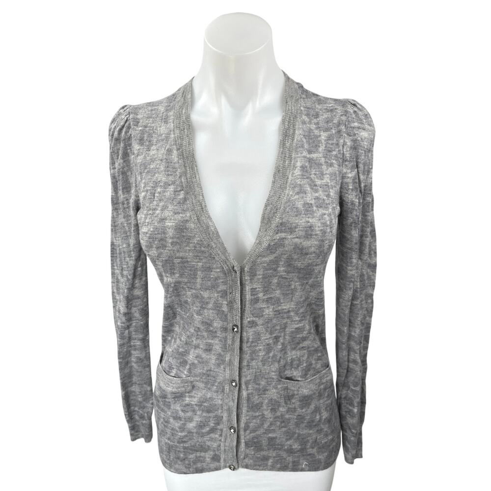 Rebecca Taylor Wool Gray Leopard Animal Print Button Up Cardigan Sweater Top S
